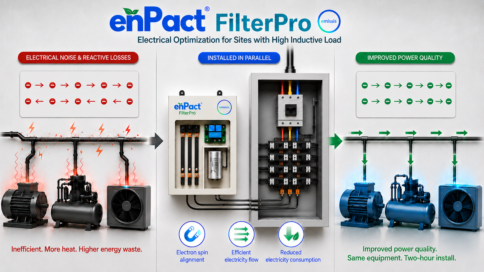 Diagram: noisy wasteful power feeding motors on the left, enPact FilterPro installed in parallel at the electrical panel in the middle, and conditioned efficient power feeding the same motors on the right — showing electron alignment, smoother current flow, and reduced losses